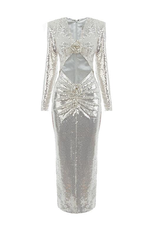 Robe à Sequins avec Détail Découpé et Fleurs 3D - mallymu