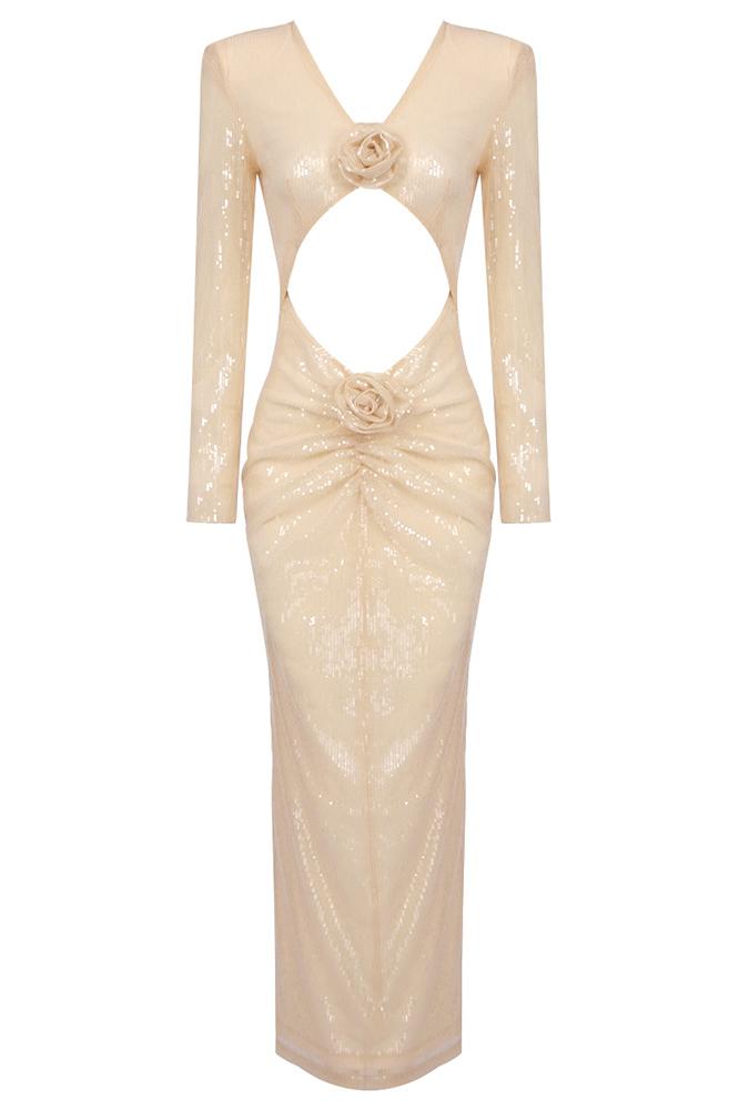 Robe à Sequins avec Détail Découpé et Fleurs 3D - mallymu