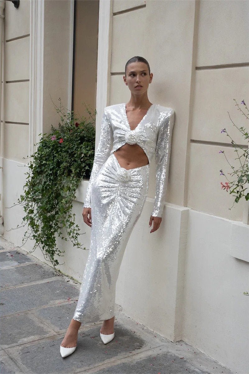 Robe à Sequins avec Détail Découpé et Fleurs 3D - mallymu