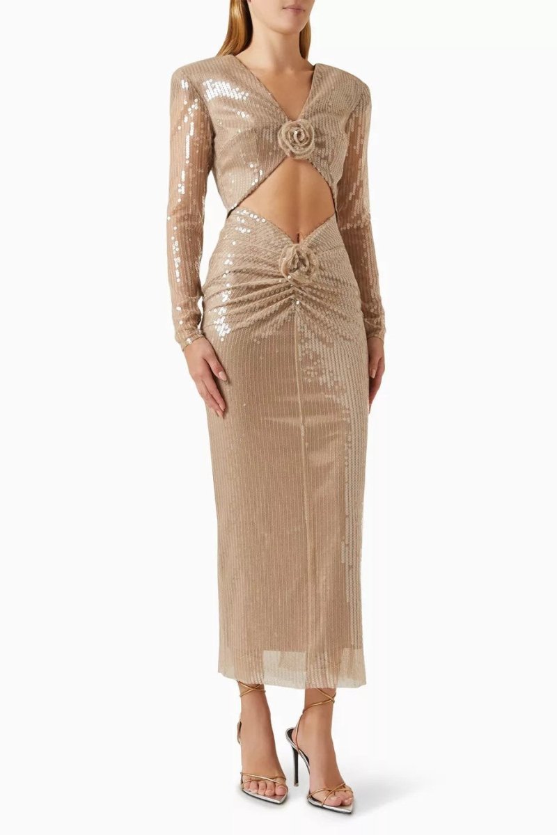 Robe à Sequins avec Détail Découpé et Fleurs 3D - mallymu
