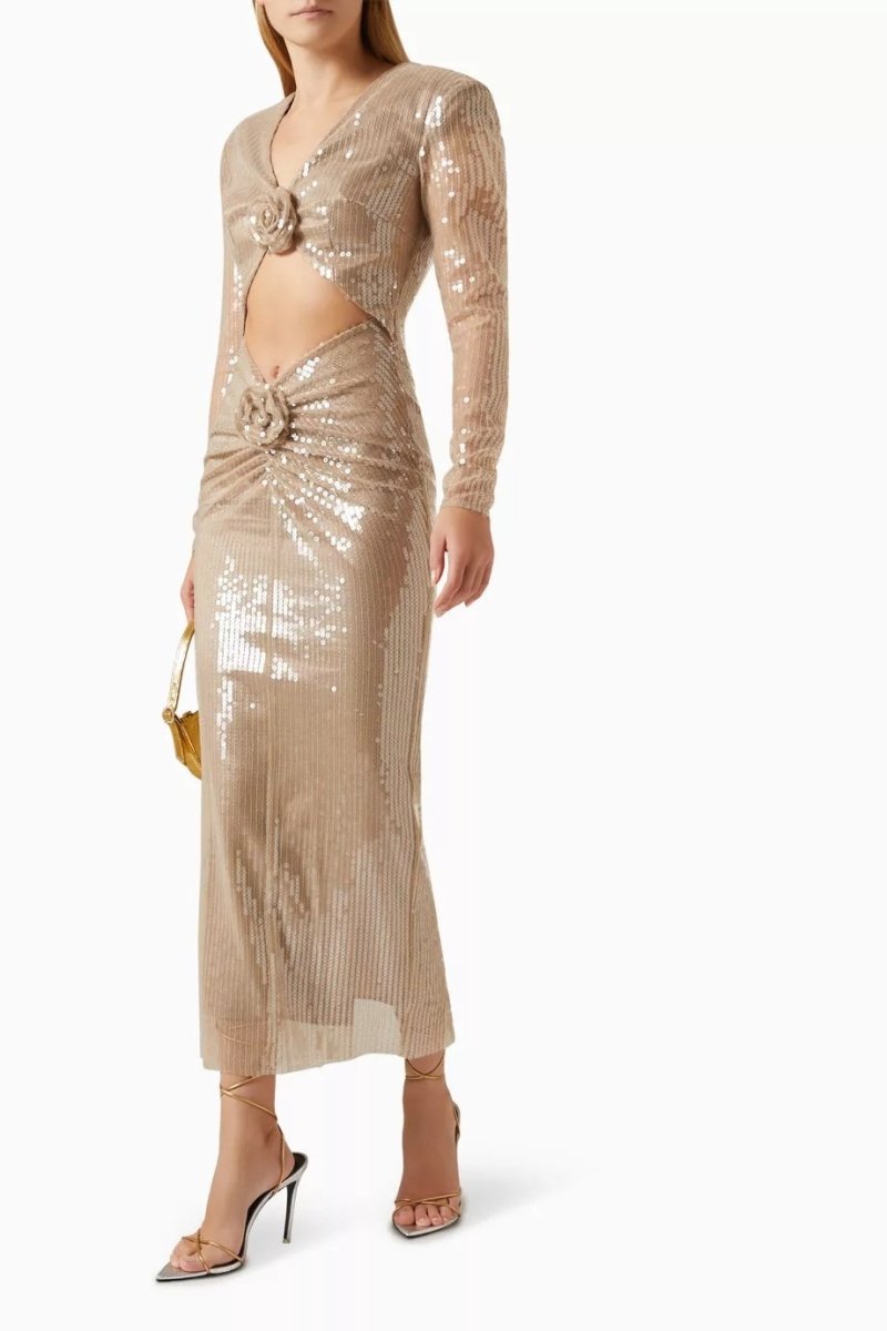 Robe à Sequins avec Détail Découpé et Fleurs 3D - mallymu