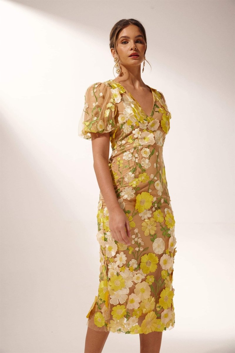 Robe Midi Fleurie à Col V Sally - mallymu