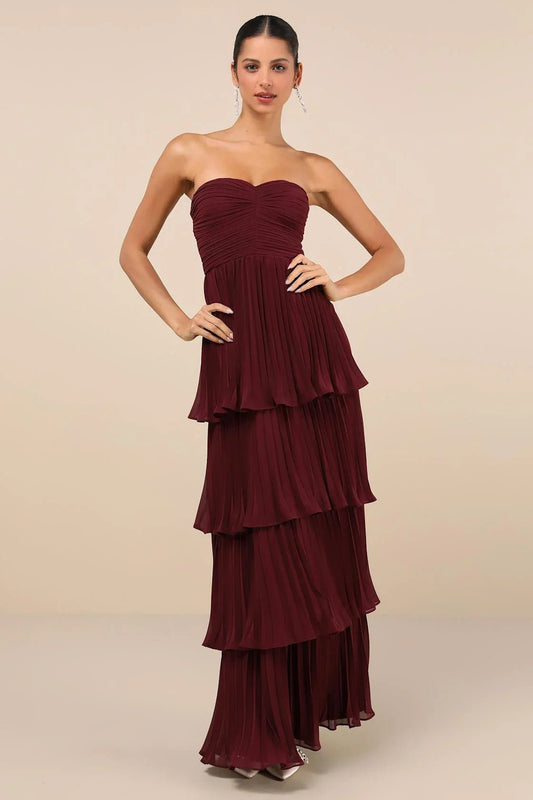 Plum Purple Strapless Tiered Maxi Dress - mallymu