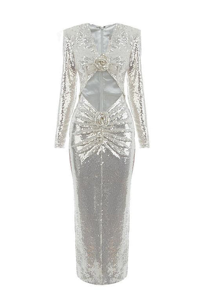 Robe à Sequins avec Détail Découpé et Fleurs 3D - mallymu