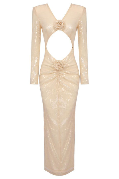 Robe à Sequins avec Détail Découpé et Fleurs 3D - mallymu