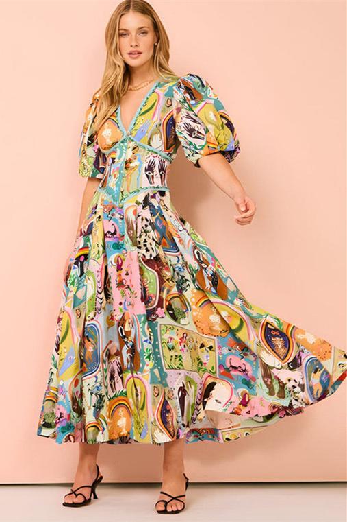 Robe Midi à Manches Bouffantes et Col V Juliana - mallymu