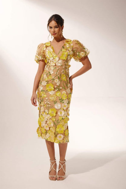 Robe Midi Fleurie à Col V Sally - mallymu