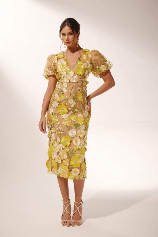 Robe Midi Fleurie à Col V Sally - mallymu