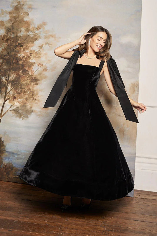 Robe Midi Sans Bretelles en Velours avec Nœud - mallymu