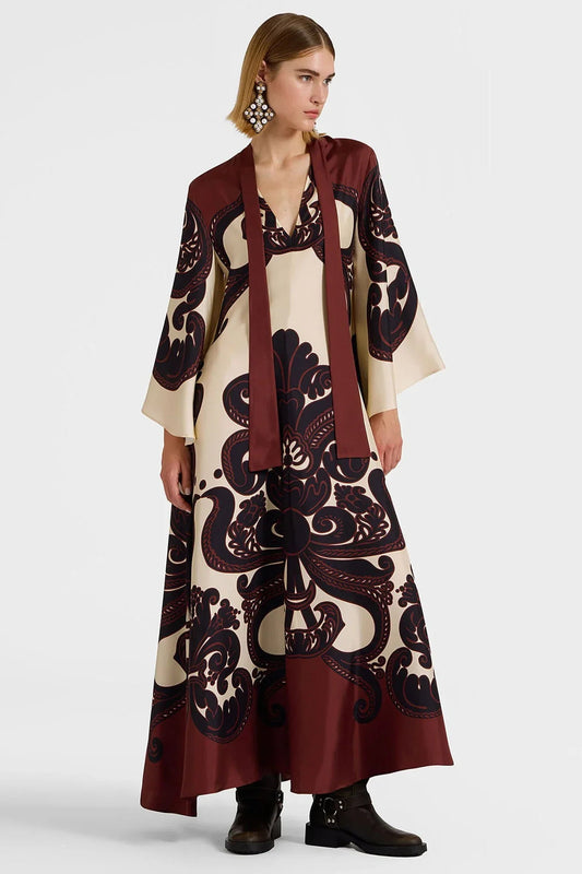 Robe Satinée à Imprimé Grenadille avec Col Montant et Manches Cascades - mallymu