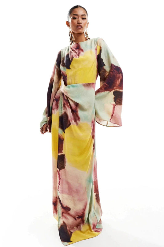 Robe ultra longue à imprimé aquarelle abstraite - mallymu